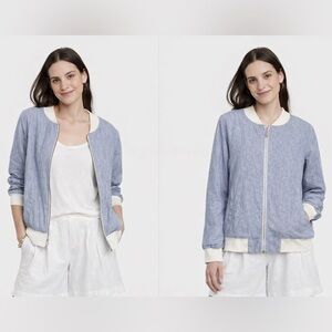 Max n’ Chester Linen Cotton Bomber Jacket Blue White Striped Size L NWT